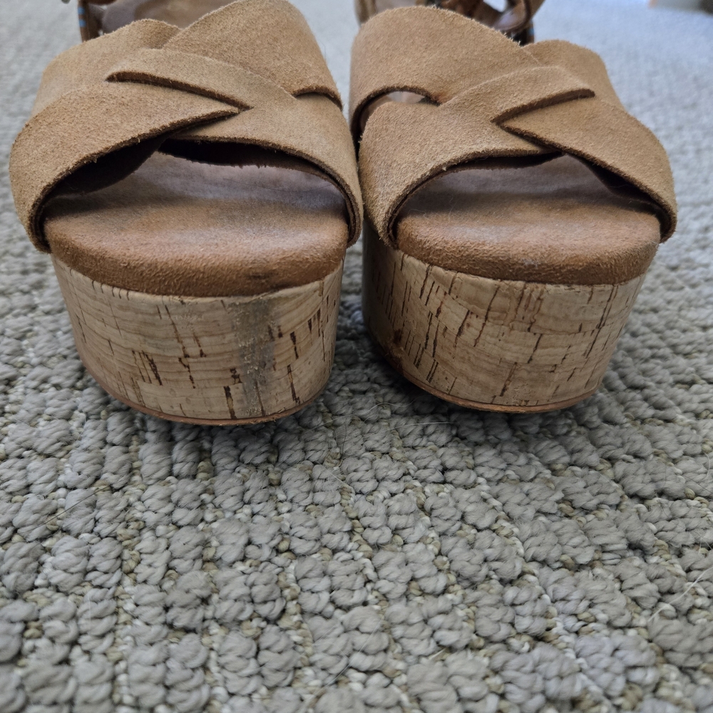 Toms Tan Suede Wedge Shoes with Cork Heel - Picture 6 of 12
